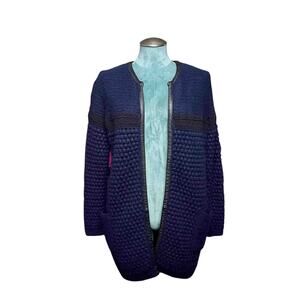 Loma London Wool Mohair Blend Cardigan Blue L Leather Trim Open Front Oversized